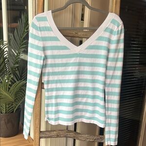 American Rag Mint & White Striped V-Neck Long Sleeve Top